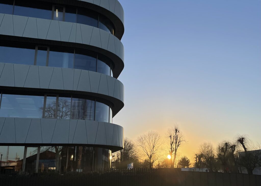 Campus building „The Penta“ at sunset