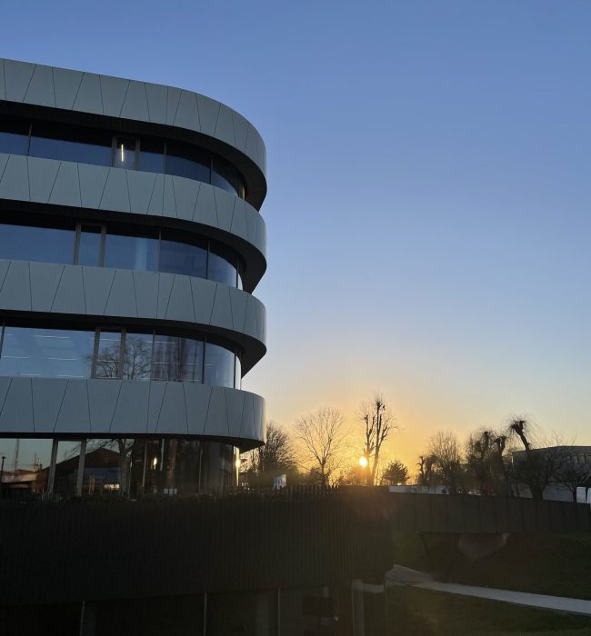 Campus building "The Penta" at sunset